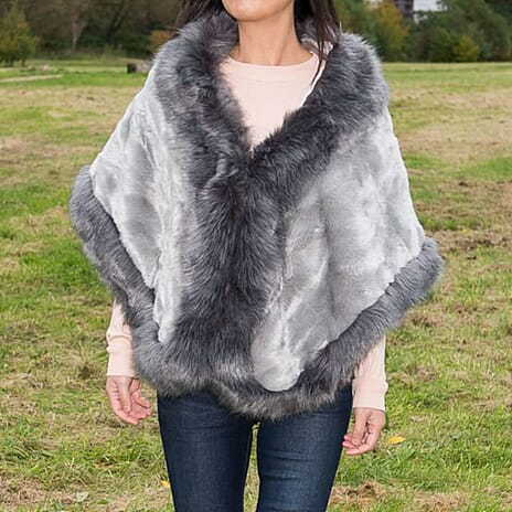 Faux Fur Cape Shawl Wrap (170 x 50 Cm) - Grey