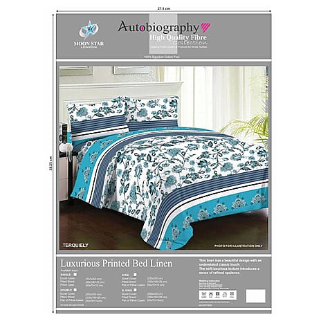 Set of 4 - 100% Egyptian Cotton Floral Vine Pattern Duvet Cover, Fitted Sheet & Two Pillowcase (Size - S King) - White with Turquoise