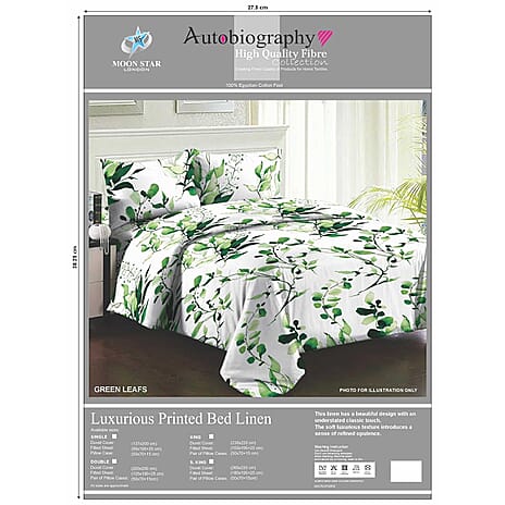 Set of 4- 100% Egyptian Cotton Nature-Inspired Leaves Pattern Duvet Cover, Fitted Sheet & Two Pillowcase (Size - S King) - White with Green