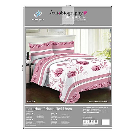 Set of 4- 100% Egyptian Cotton Elegant Pink Rose Pattern Duvet Cover, Fitted Sheet & Two Pillowcase (Size S King) - White
