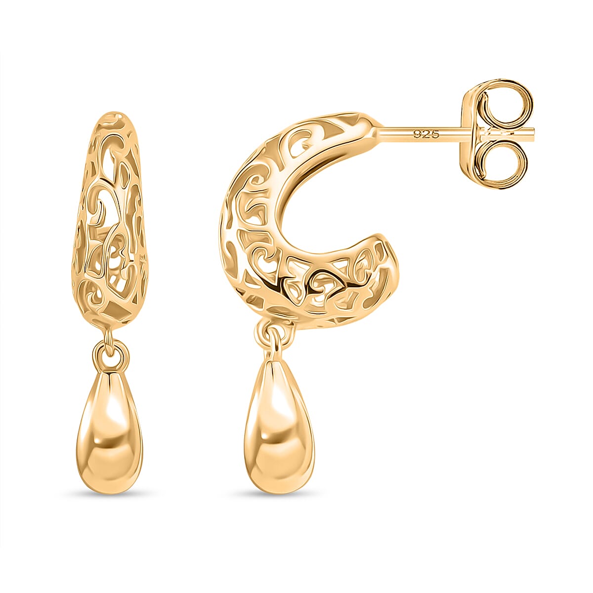 LUCY Q AirDrip Filigree Collection - Sterling Silver Earrings with Push Backs in 18K Vermeil Yellow Gold Plated