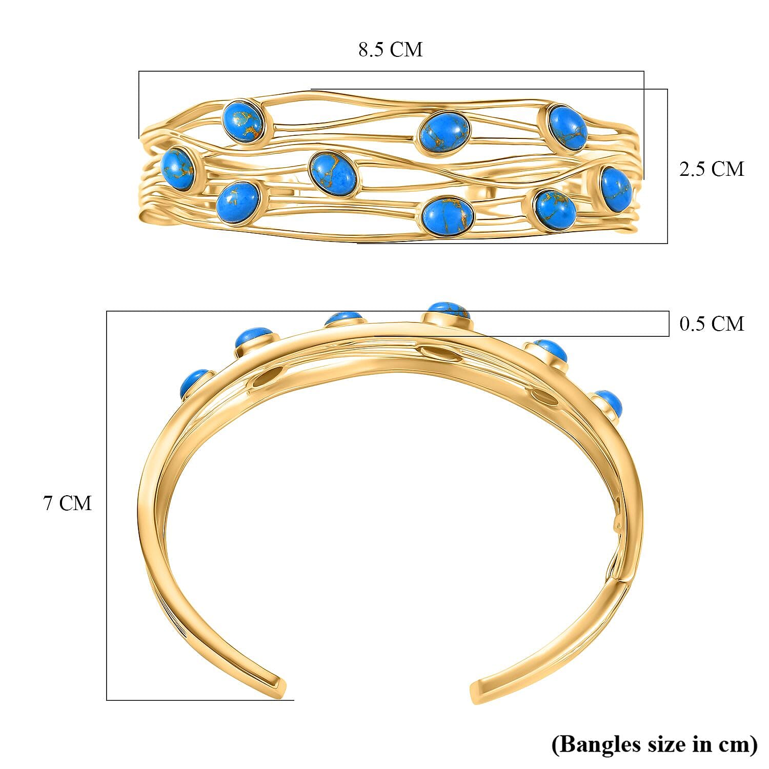 EverTrue Blue Turquoise Cuff Bangle in Yellow Gold Plated 6.20 Ct.
