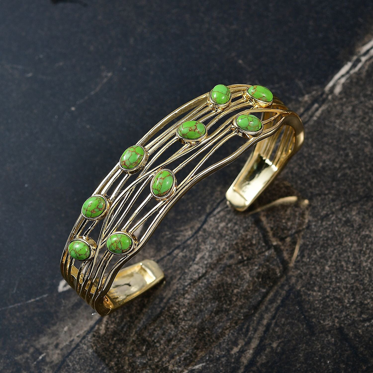 Ever True Green Turquoise Cuff Bangle (Size - 7.5) in Yellow Gold Plated 6.23 Ct.