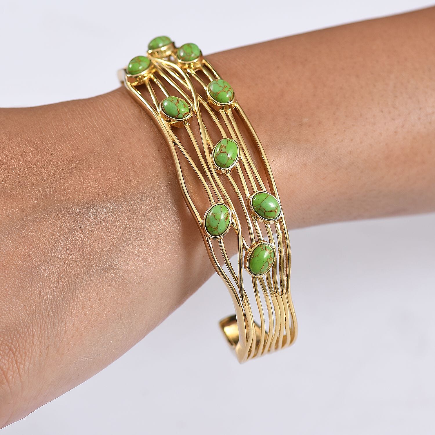 Ever True Green Turquoise Cuff Bangle (Size - 7.5) in Yellow Gold Plated 6.23 Ct.