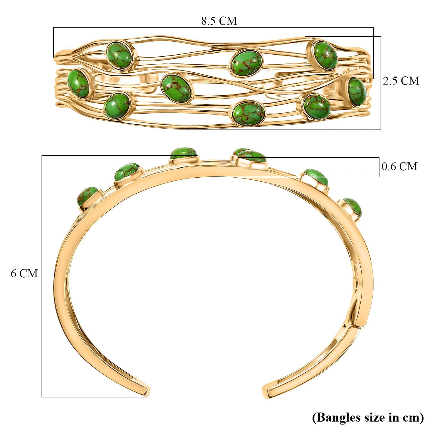 Ever True Green Turquoise Cuff Bangle (Size - 7.5) in Yellow Gold Plated 6.23 Ct.