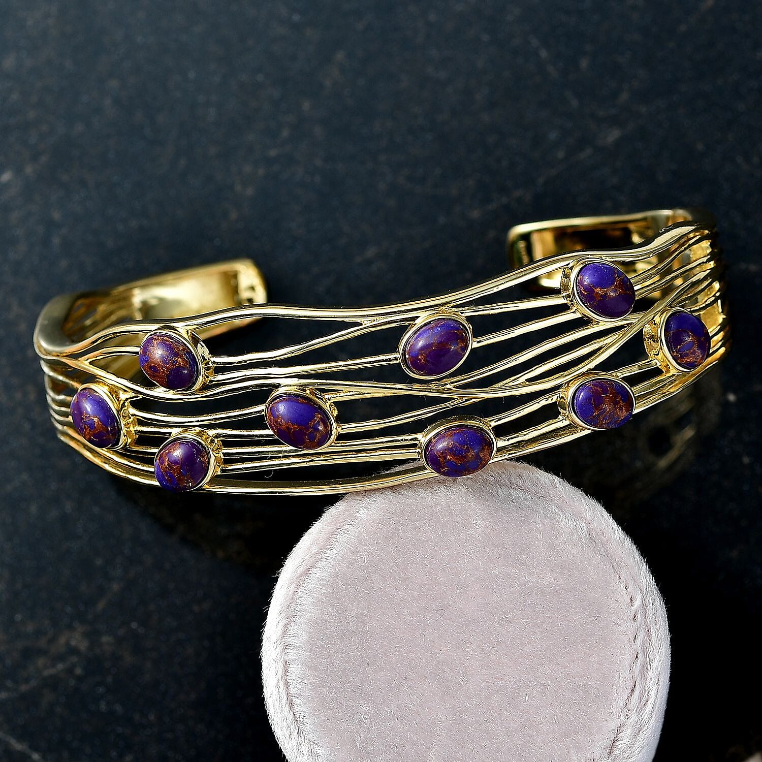 EverTrue Purple Turquoise Cuff Bangle (Size - 7.5) in Yellow Gold Plated 6.48 Ct.