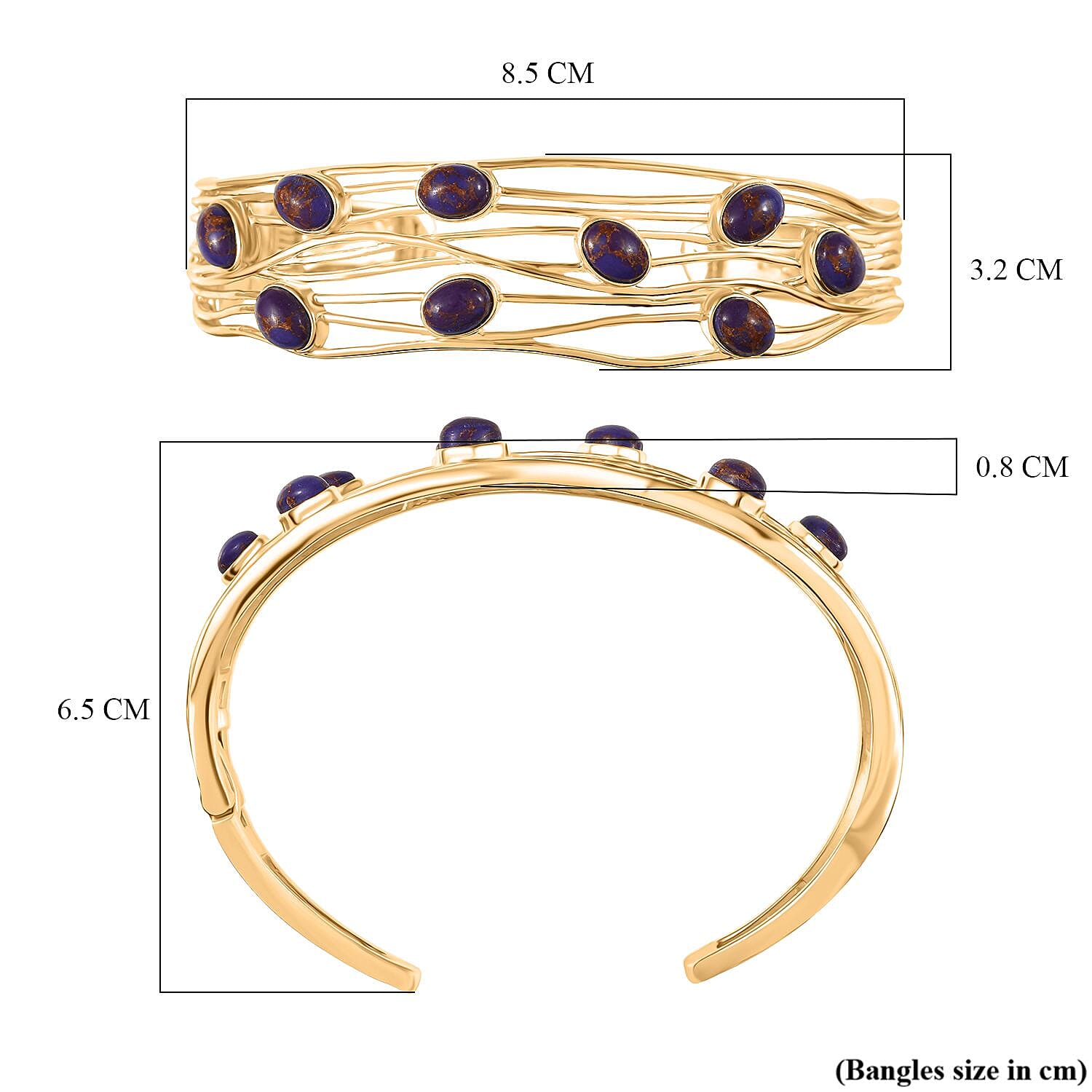 EverTrue Purple Turquoise Cuff Bangle (Size - 7.5) in Yellow Gold Plated 6.48 Ct.