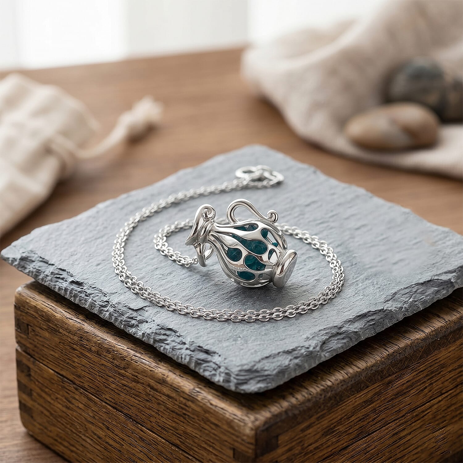 Blue Apatite Pendant with Chain (Size - 16-2 Ext) with Lobster Clasp in Rhodium Overlay Sterling Silver 1.50 Ct.