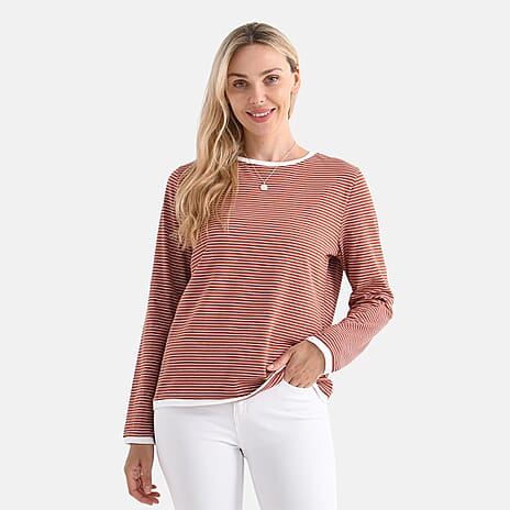 La Marey Cotton Striped Top (Size XXL) - Terracota & White