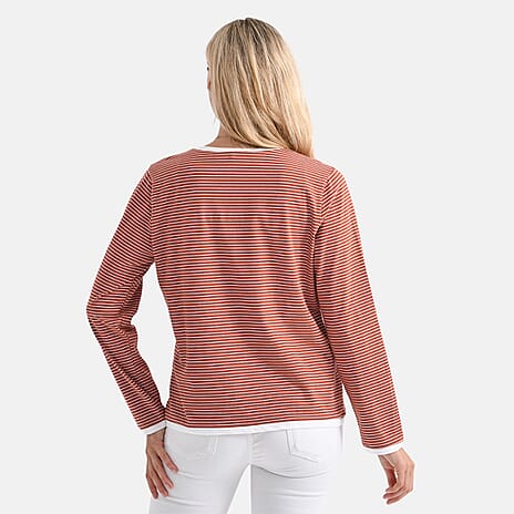 La Marey Cotton Striped Top (Size XXL) - Terracota & White