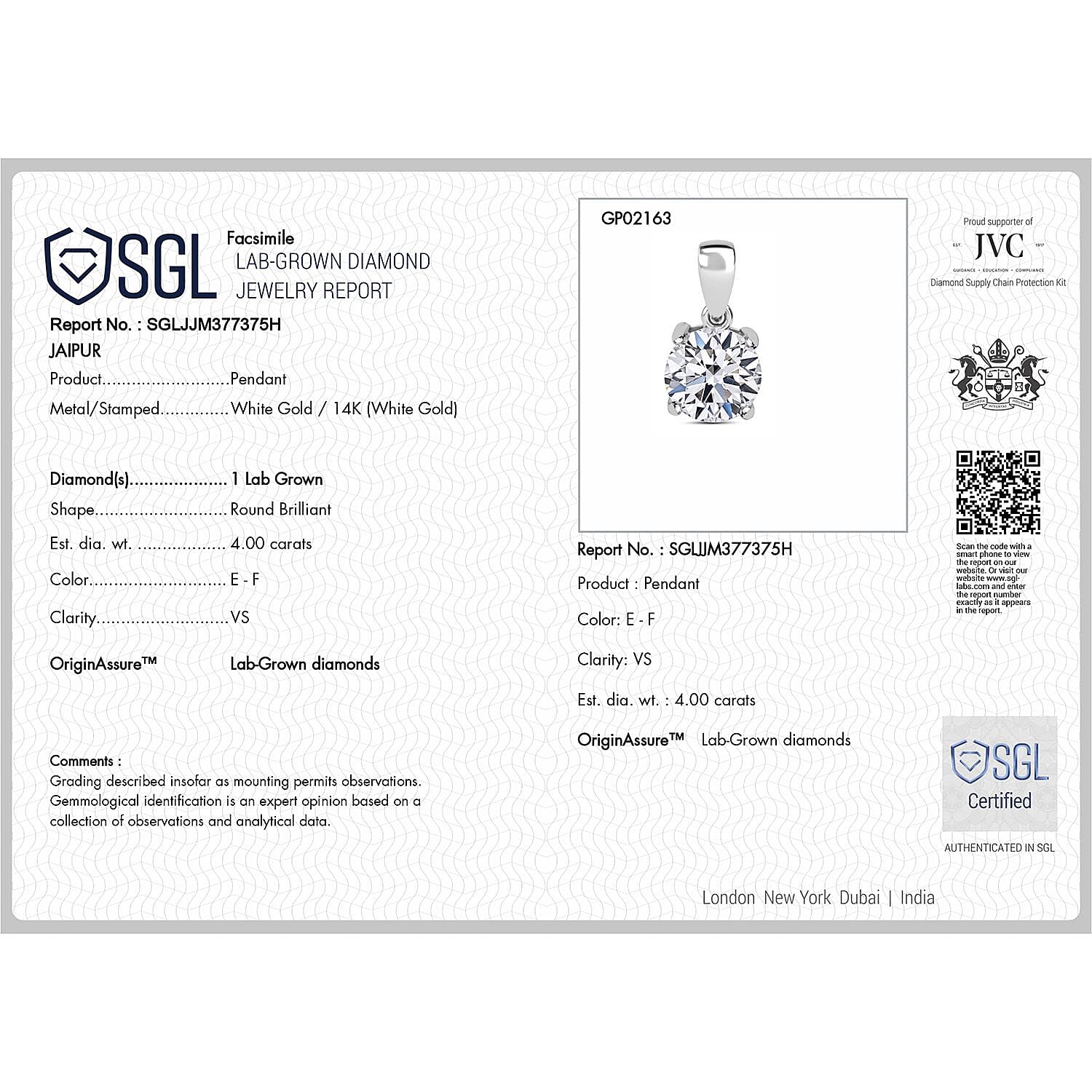 Luxuriant - 14K White Gold SGL Certified Lab Grown Diamond (VS-EF) Solitaire Pendant 4.00 Ct.