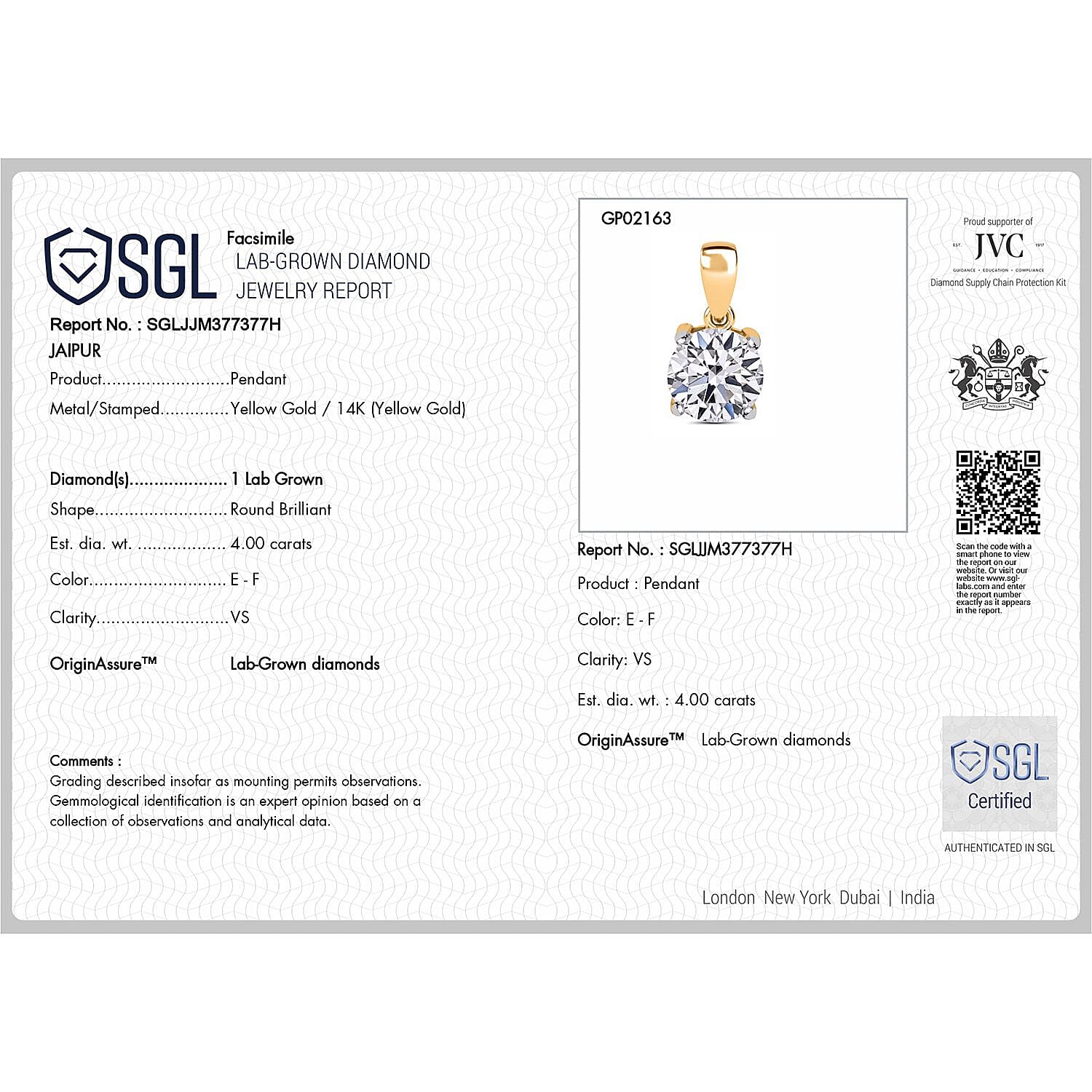 Luxuriant Diamond 14K Yellow Gold VS Lab Grown Diamond EF, VS Solitaire Pendant, Gold Wt.1.5 Gms 4.000 Ct. Luxuriant Diamond 14K Yellow Gold VS Lab Grown Diamond EF, VS Solitaire Pendant, Gold Wt.1.5 Gms 4.000 Ct.
