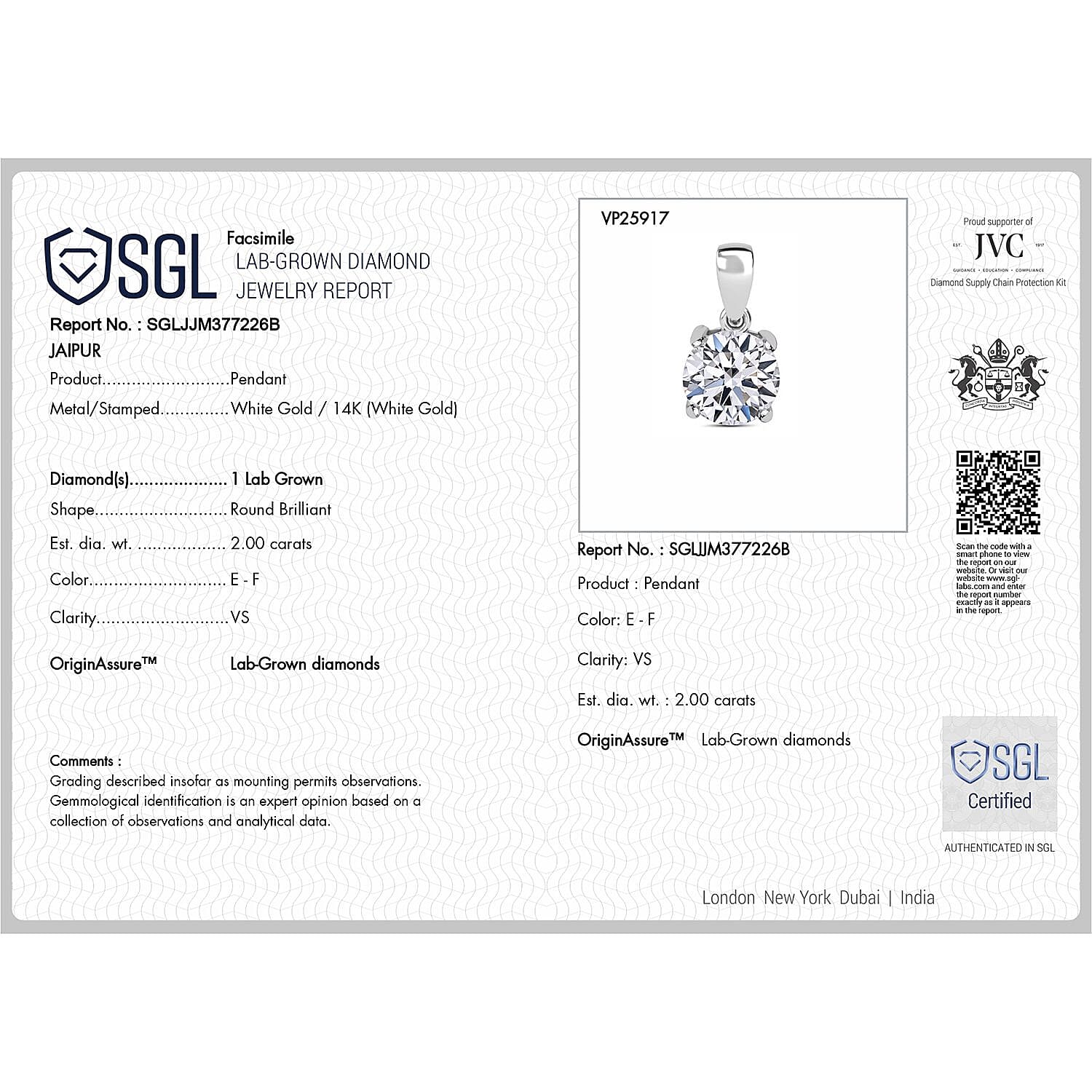 Luxuriant Diamond 14K White Gold SGL Certified (VS-EF) Lab Grown Diamond Solitaire Pendant 2.00 Ct.