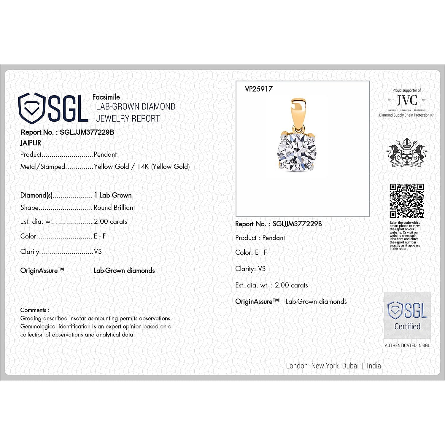 Luxuriant Diamond 14K Yellow Gold SGL Certified (VS-EF) Lab Grown Diamond Solitaire Pendant 2.00 Ct.