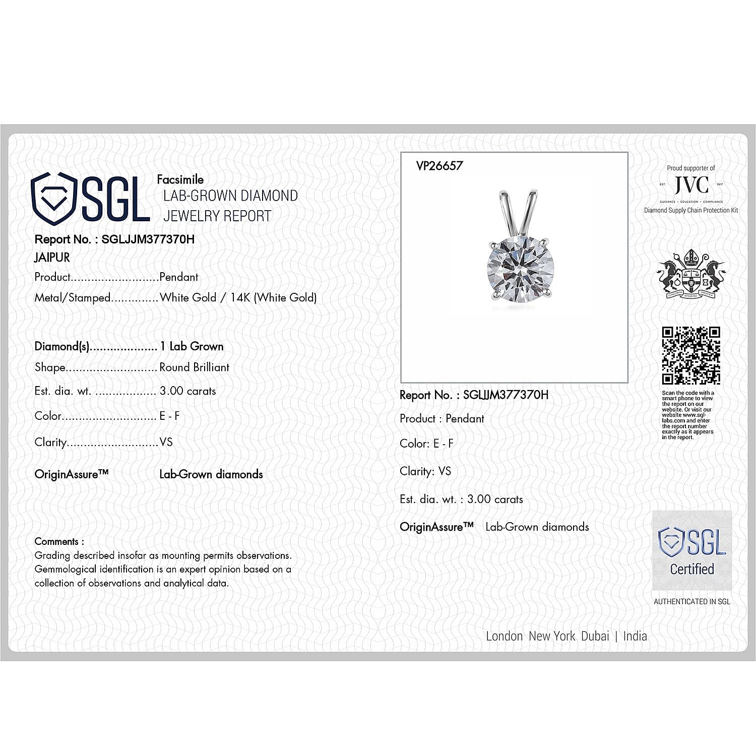 Luxuriant 14K White Gold Lab Grown Diamond SGL Certified (VS-EF) Solitaire Pendant 3.02 Ct.
