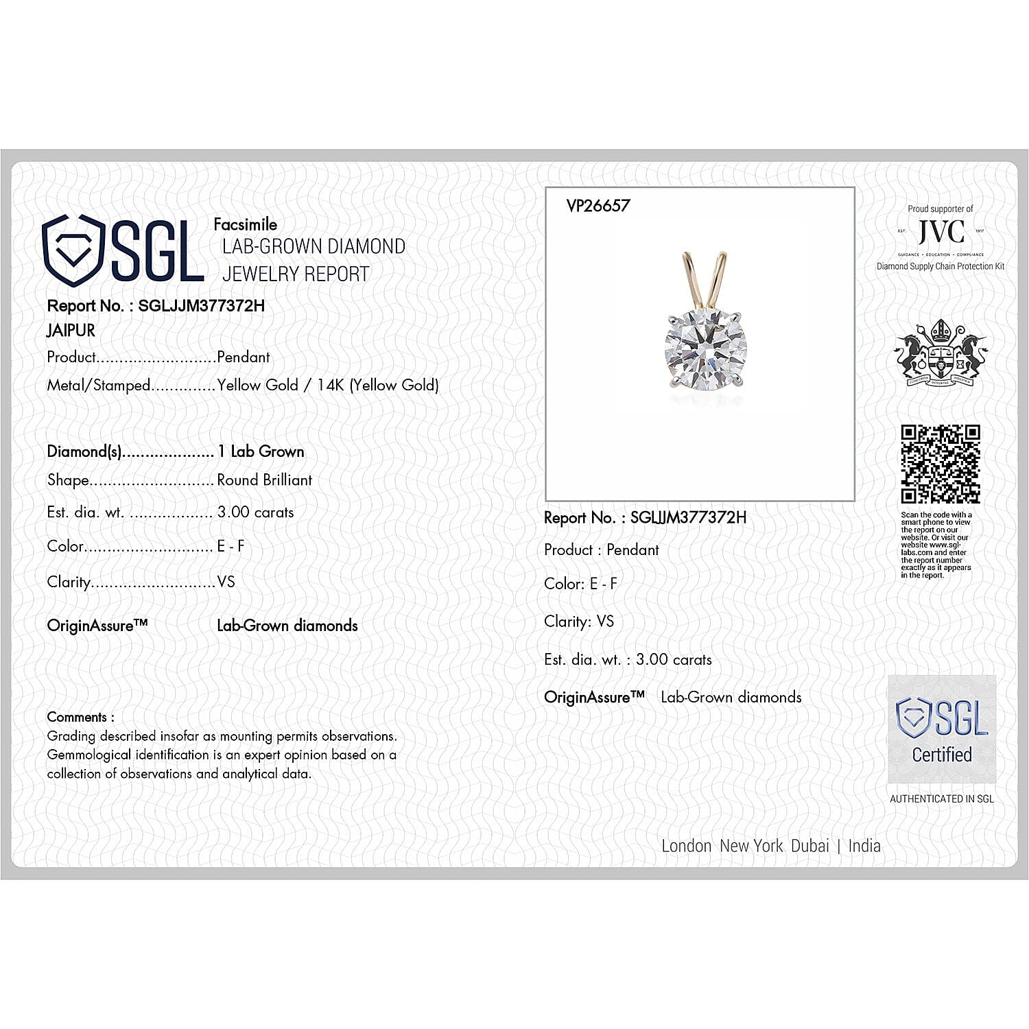 Luxuriant Diamond 14K Yellow Gold SGL Certified (VS-EF) Lab Grown Diamond Solitaire Pendant 3.00 Ct.