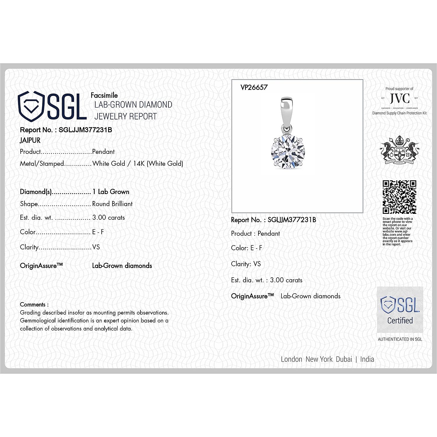 Luxuriant Diamond 14K White Gold SGL Certified (VS-EF) Lab Grown Diamond Solitaire Pendant 0.50 Ct.
