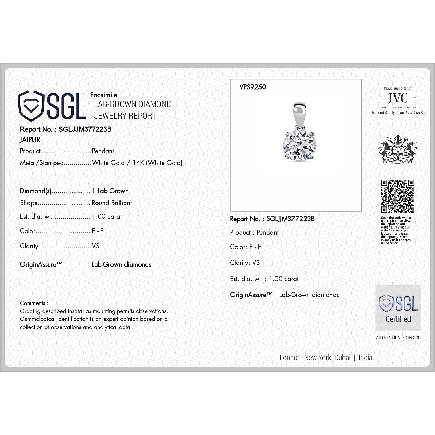Luxuriant Diamond 14K White Gold SGL Certified (VS-EF) Lab Grown Diamond Solitaire Pendant 1.00 Ct