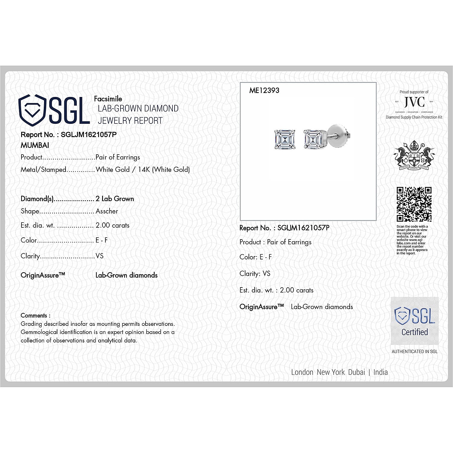 Luxuriant Diamond 14K W Gold VS-EF Lab Grown Diamond VS-EF Earring, Gold Wt.0.95 Gms  2.000  Ct.