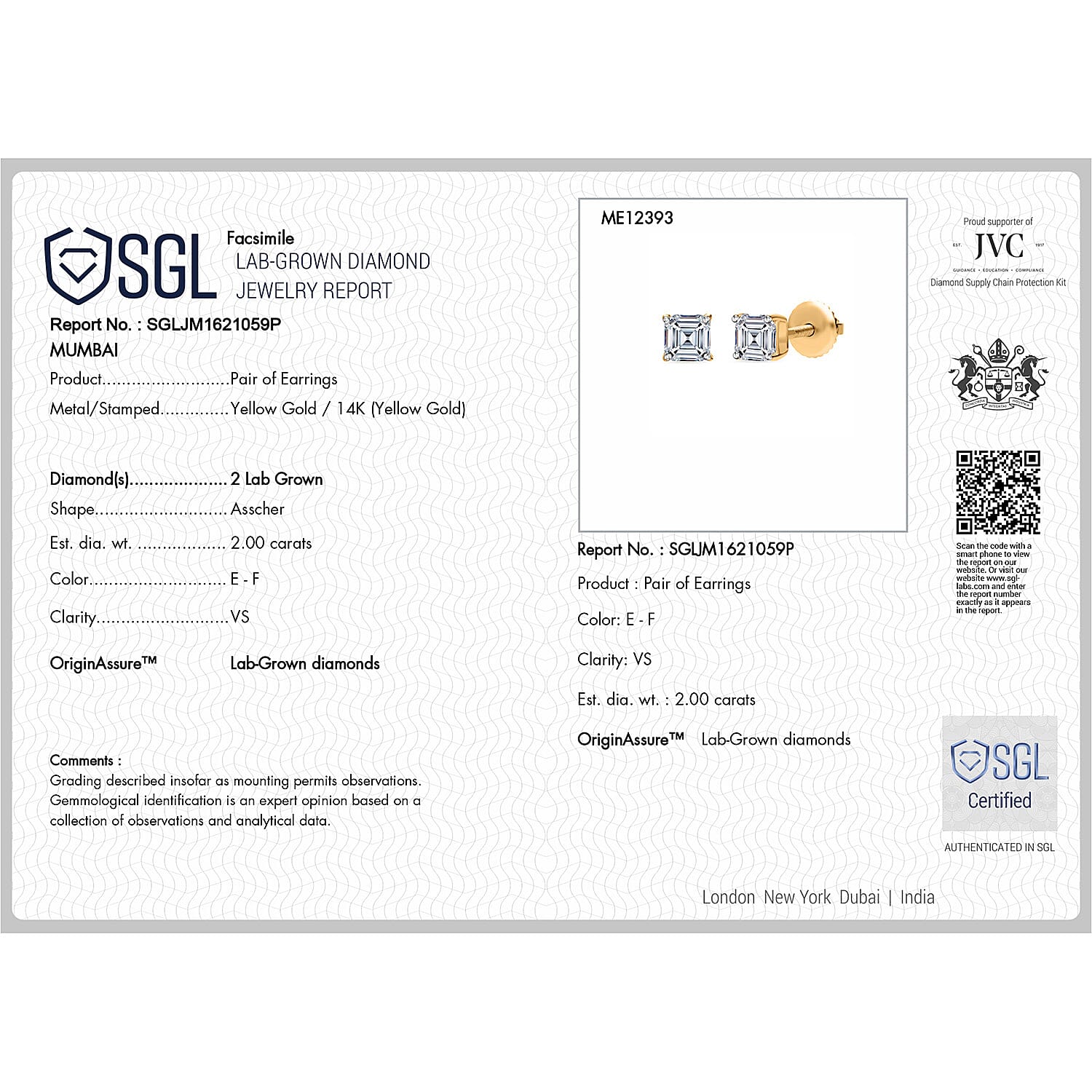 Luxuriant Diamond 14K Yellow Gold VS-EF Lab Grown Diamond VS-EF Earring, Gold Wt.0.95 Gms  2.000  Ct.