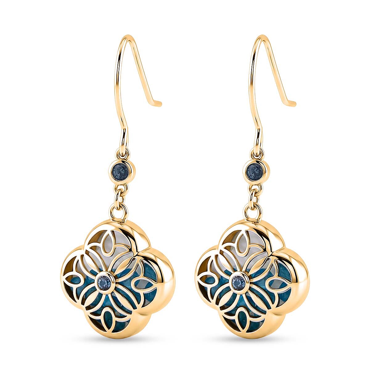 Blue Apatite, Aquamarine and Mother of Pearl Designer Earrings with Hook in Sterling Silver 6.80 Ct.