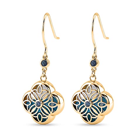 Blue Apatite, Aquamarine and Mother of Pearl Designer Earrings with Hook in Sterling Silver 6.80 Ct.