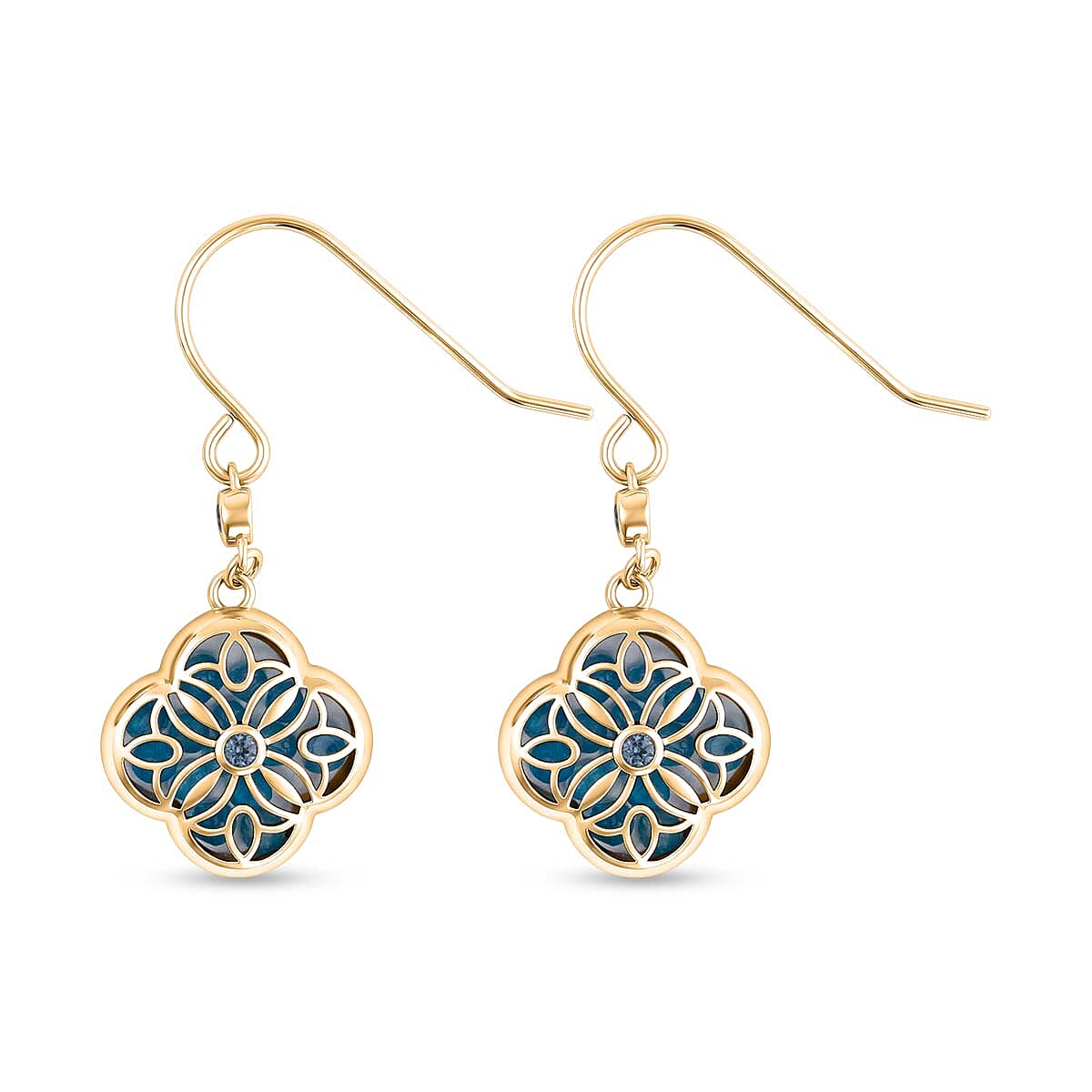 Blue Apatite, Aquamarine and Mother of Pearl Designer Earrings with Hook in Sterling Silver 6.80 Ct.
