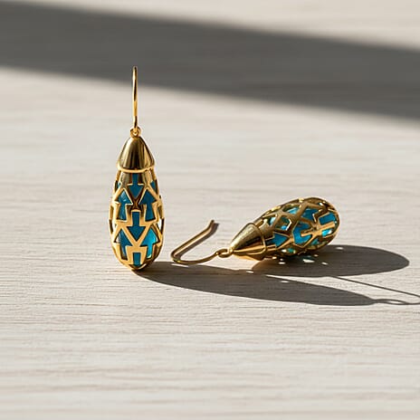 Blue Apatite Earring with Hook in Yellow Gold Plating Sterling Silver 11.00 Ct, Silver Wt. 6.00 Gms.