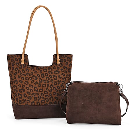 Set of 2 Genuine Leather Leopard Tote Bag with Hand Bag