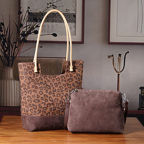 Set of 2 Genuine Leather Leopard Tote Bag with Hand Bag