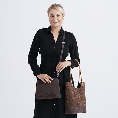 Set of 2 Genuine Leather Leopard Tote Bag with Hand Bag