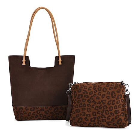 THE MOST SUMPTUOUS BAG LAUNCH - Set of 2 Exquisite Genuine Leather Tote Bag with Leopard Hand Bag - Espresso