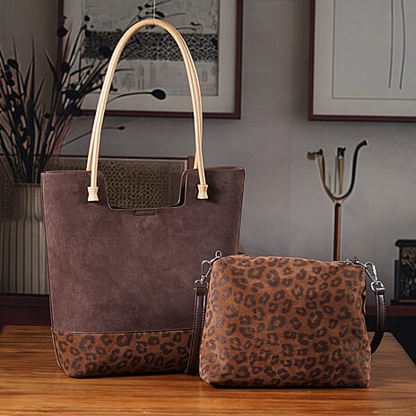THE MOST SUMPTUOUS BAG LAUNCH - Set of 2 Exquisite Genuine Leather Tote Bag with Leopard Hand Bag - Espresso