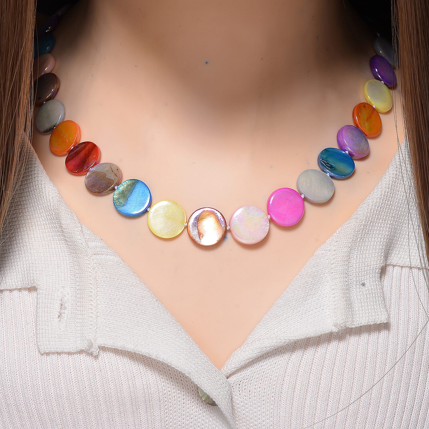 Multi Color Coin Shell Pearl  Necklace (Size - 30) 300.00 Ct.