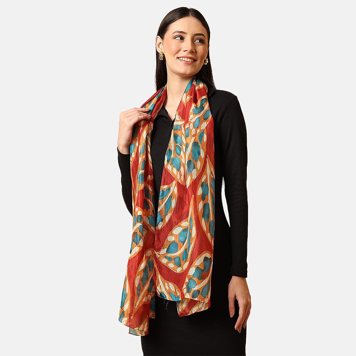 VALLISERIE 100% Mulberry Silk Floral Design Digital Printed Scarf (50x175 cm) - Peach