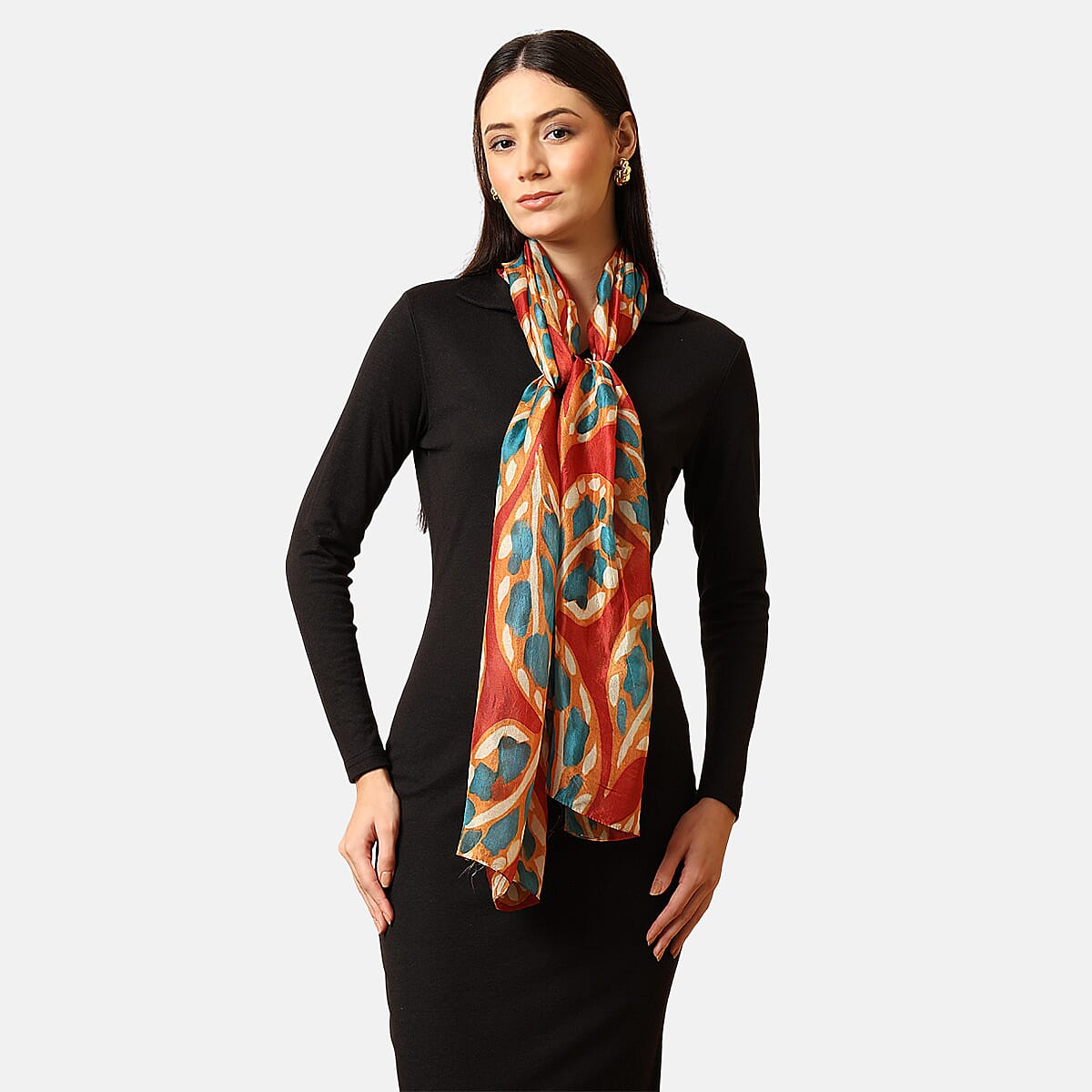 VALLISERIE 100% Mulberry Silk Floral Design Digital Printed Scarf (50x175 cm) - Peach