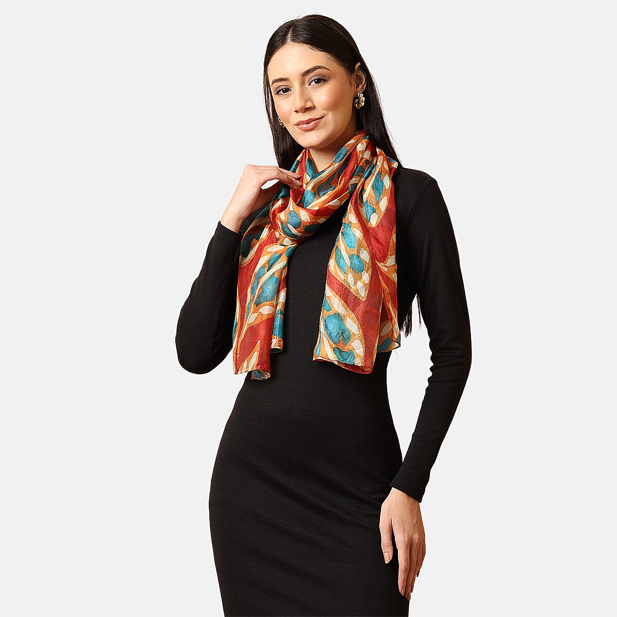 VALLISERIE 100% Mulberry Silk Floral Design Digital Printed Scarf (50x175 cm) - Peach