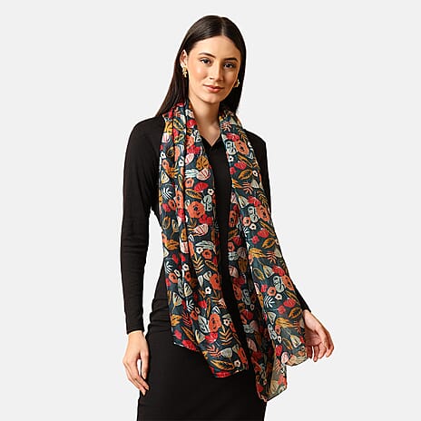 VALLISERIE 100% Mulberry Silk Botanical Elements Digital Printed Scarf (50x175 cm) - Green