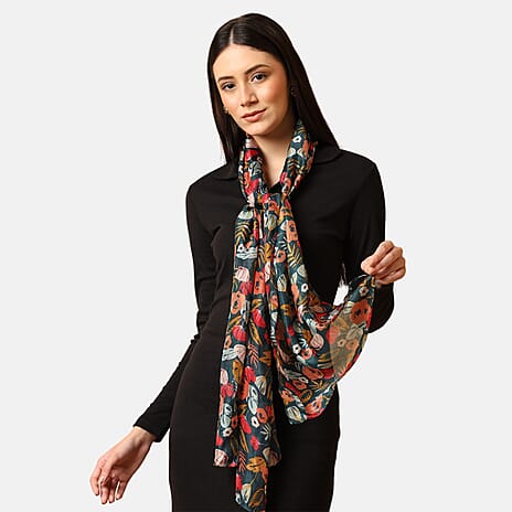 VALLISERIE 100% Mulberry Silk Botanical Elements Digital Printed Scarf (50x175 cm) - Green