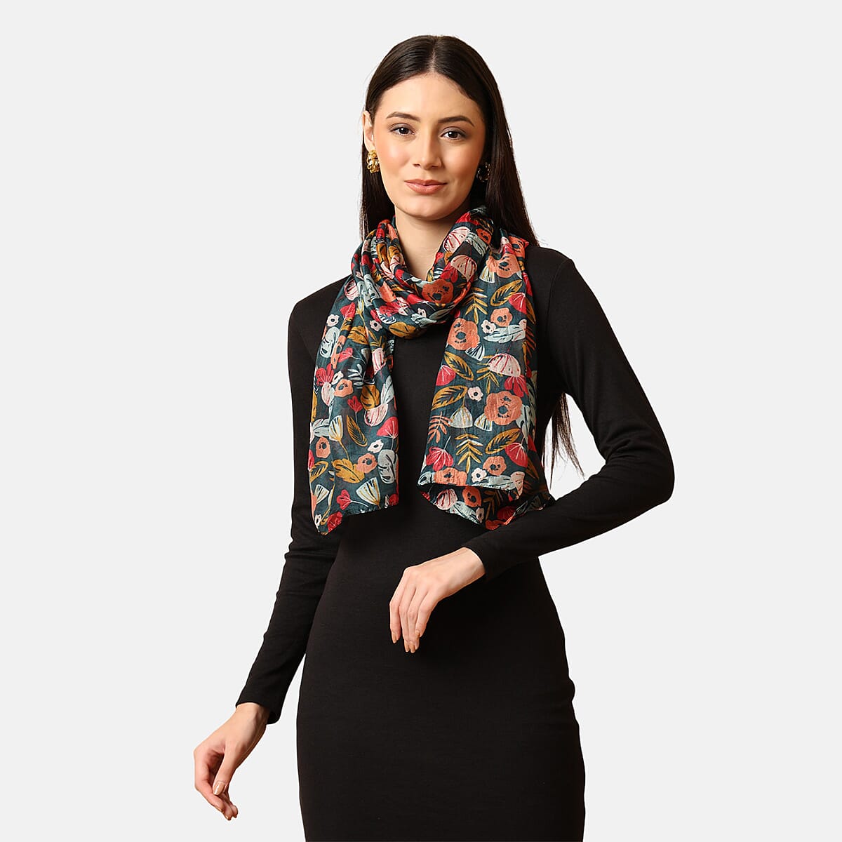 VALLISERIE 100% Mulberry Silk Botanical Elements Digital Printed Scarf (50x175 cm) - Green