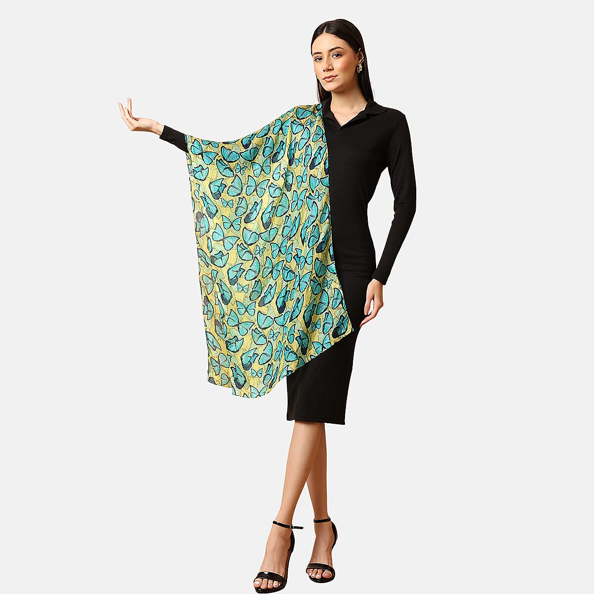 VALLISERIE 100% Silk Butterfly Digital Printed Scarf (50x175 cm) - Yellow