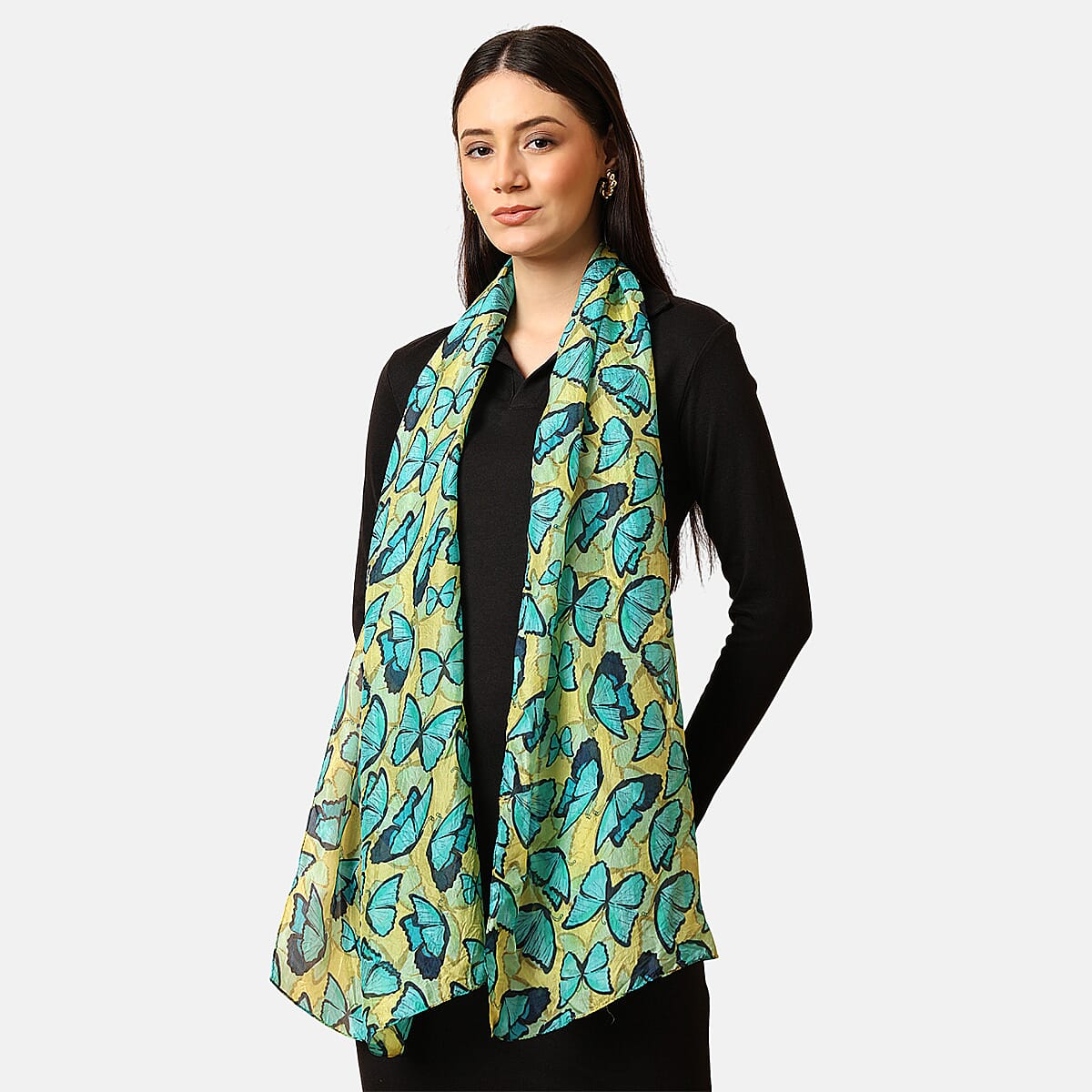 VALLISERIE 100% Silk Butterfly Digital Printed Scarf (50x175 cm) - Yellow