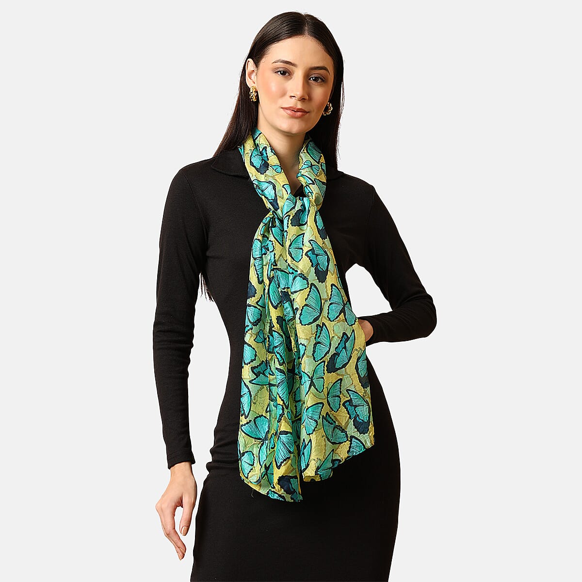 VALLISERIE 100% Silk Butterfly Digital Printed Scarf (50x175 cm) - Yellow