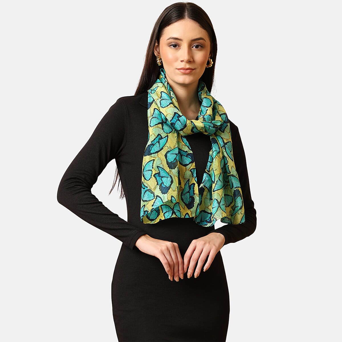 VALLISERIE 100% Silk Butterfly Digital Printed Scarf (50x175 cm) - Yellow