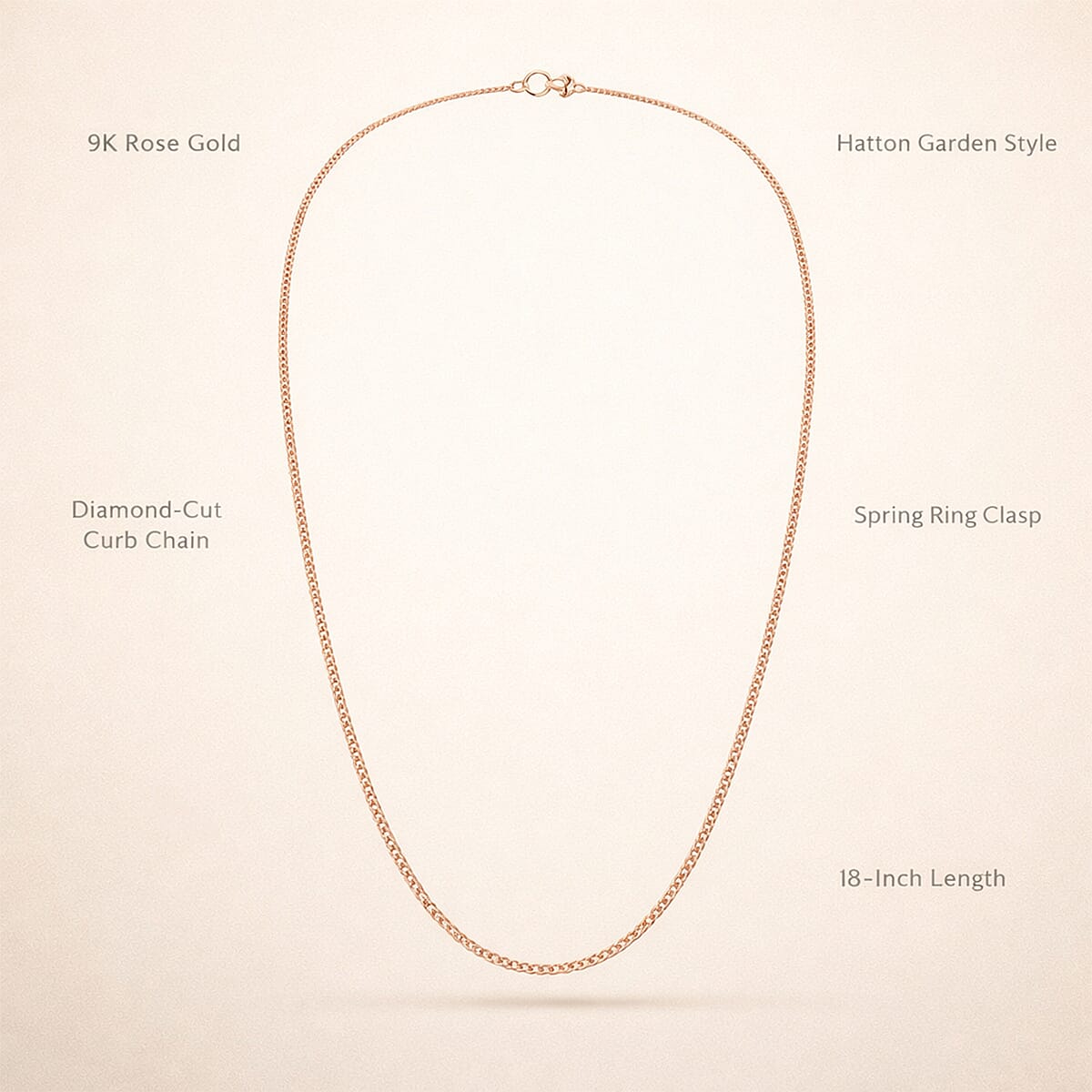 Hatton Garden Closeout Deal - 9K Rose Gold Diamond Cut Curb Chain (Size - 18) with Spring Ring Clasp