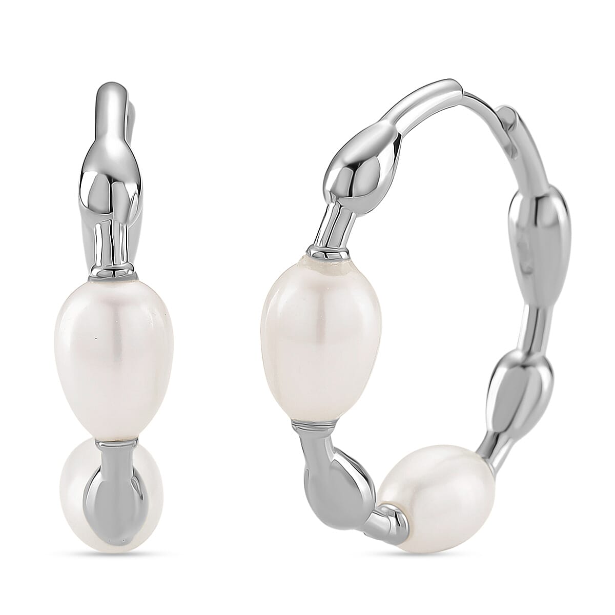 LUCY Q Pearl Drop Collection - Fresh Water Pearl Earring in Rhodium Overlay with Clasp Sterling Silver 16.40 Ct, Silver Wt. 7.00 Gms.