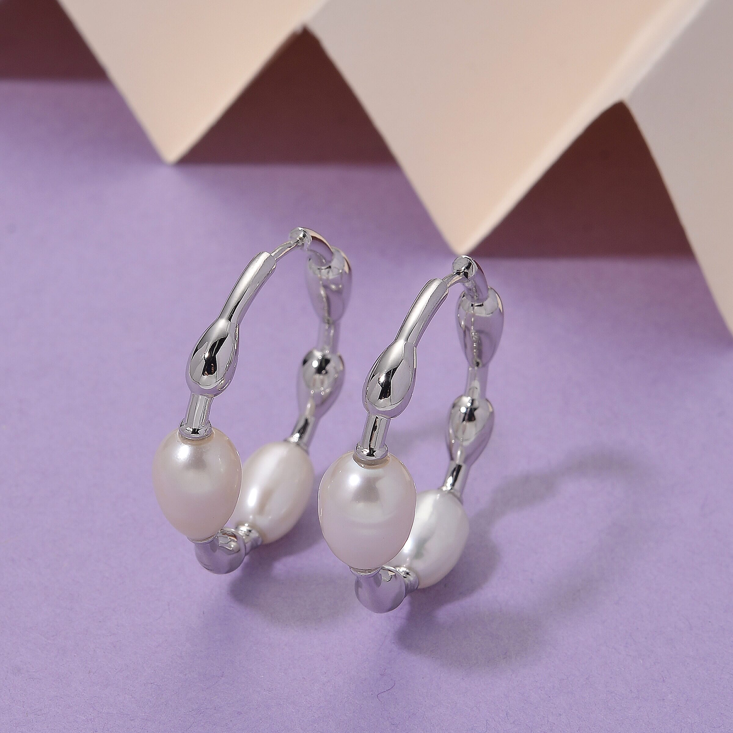 LUCY Q Pearl Drop Collection - Fresh Water Pearl Earring in Rhodium Overlay with Clasp Sterling Silver 16.40 Ct, Silver Wt. 7.00 Gms.