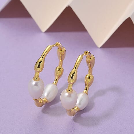 LUCY Q Pearl Drop Collection - Fresh Water Pearl Earring with Clasp Sterling Silver in 18K Vermeil Yellow Gold Plated 16.40 Ct, Silver Wt. 7.00 Gms.