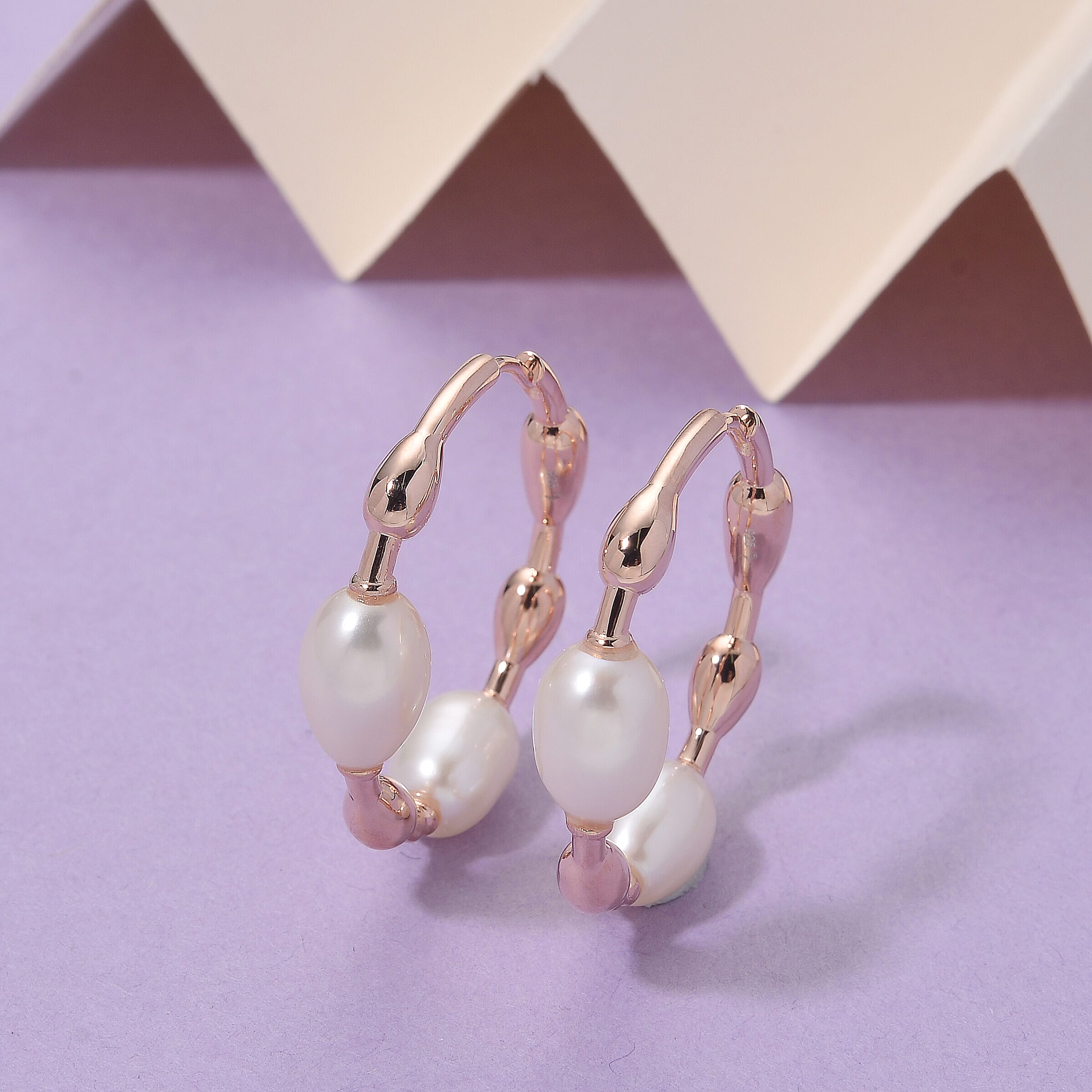LUCY Q Pearl Drop Collection - Fresh Water Pearl Earring with Clasp Sterling Silver in 18K Vermeil Rose Gold Plated 16.40 Ct, Silver Wt. 7.00 Gms.