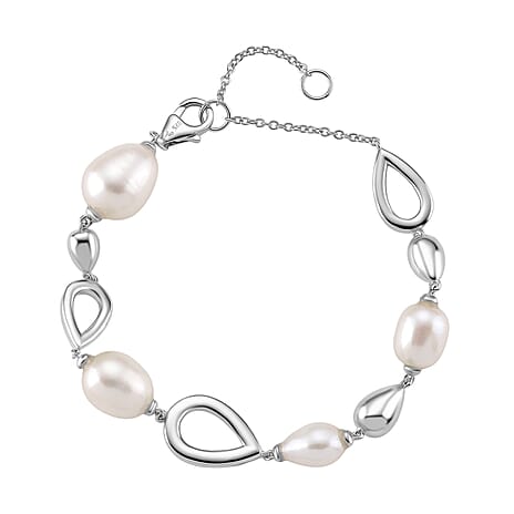 LUCY Q Pearl Drop Collection - Fresh Water Pearl Bracelet (Size - 8) with Lobster Clasp in Rhodium Overlay Sterling Silver 23.14 Ct, Silver Wt. 9.20 Gms.